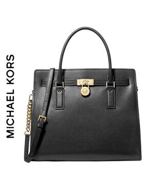 MICHAEL KORS Black Hamilton Moderne Large Leather Satchel Gold Lock NWT